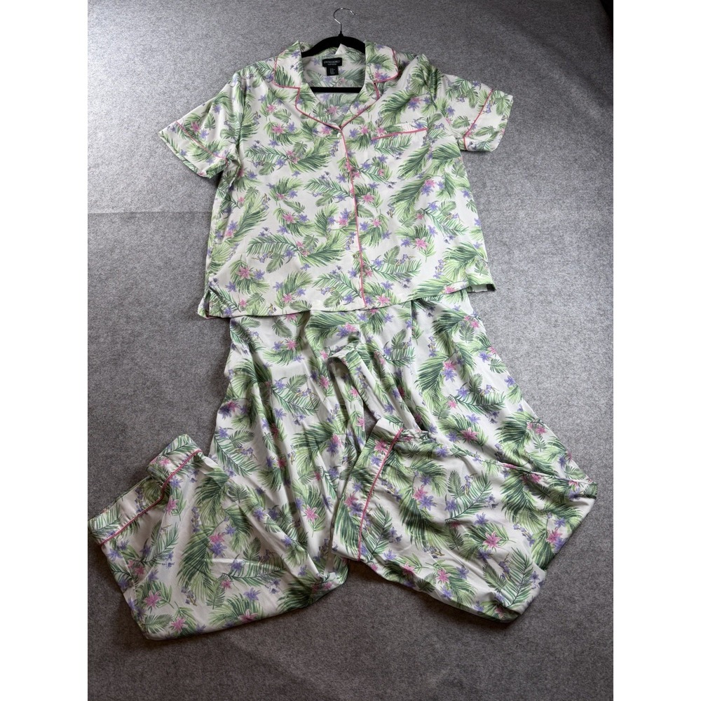 Cynthia Rowley Womens‎ Pajama Set Medium Multicolor Tropical Palm Cotton Satin